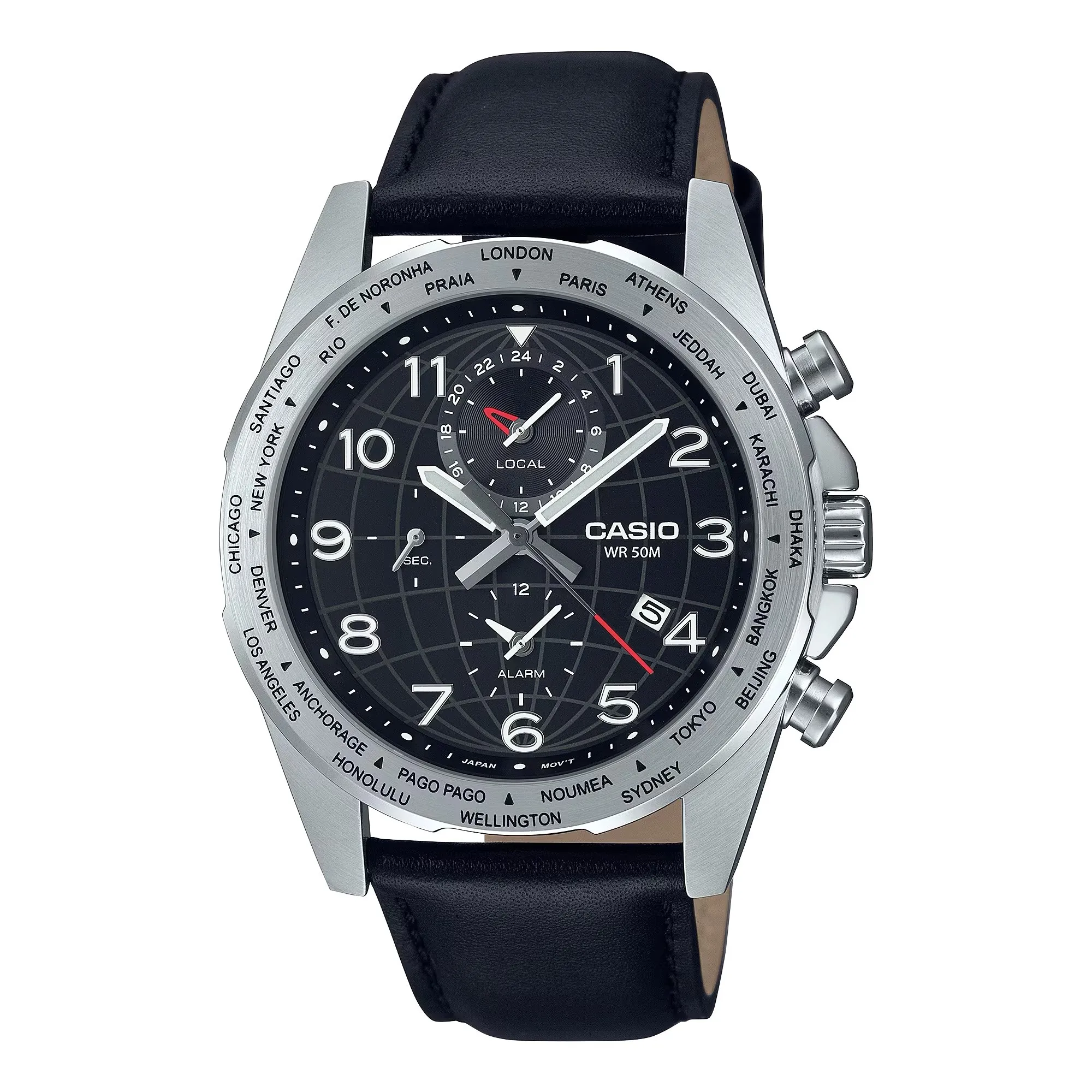 Casio Mtp-W500L-1Av 43.9Mm World Hour 50M Wr Cinturino In Pelle Indicatore Batteria Allarme
