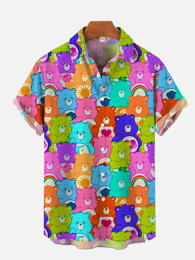 Summer new dense colorful rainbow bear print men's casual large size short-sleeved shirt 6