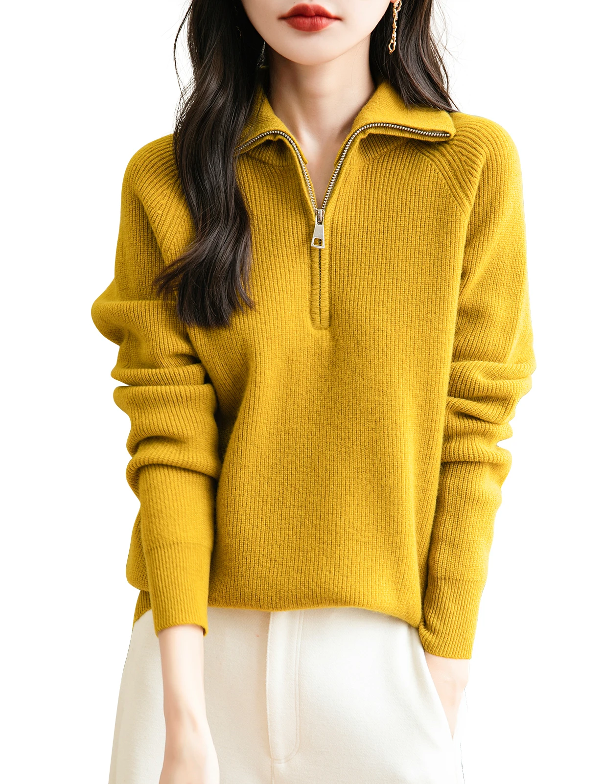 Turtleneck Wool Women's Sweater 100% Merino Wool Fall Winter Zip Pullover Casual Long Sleeve Knitted Sweater Top Female Clothing