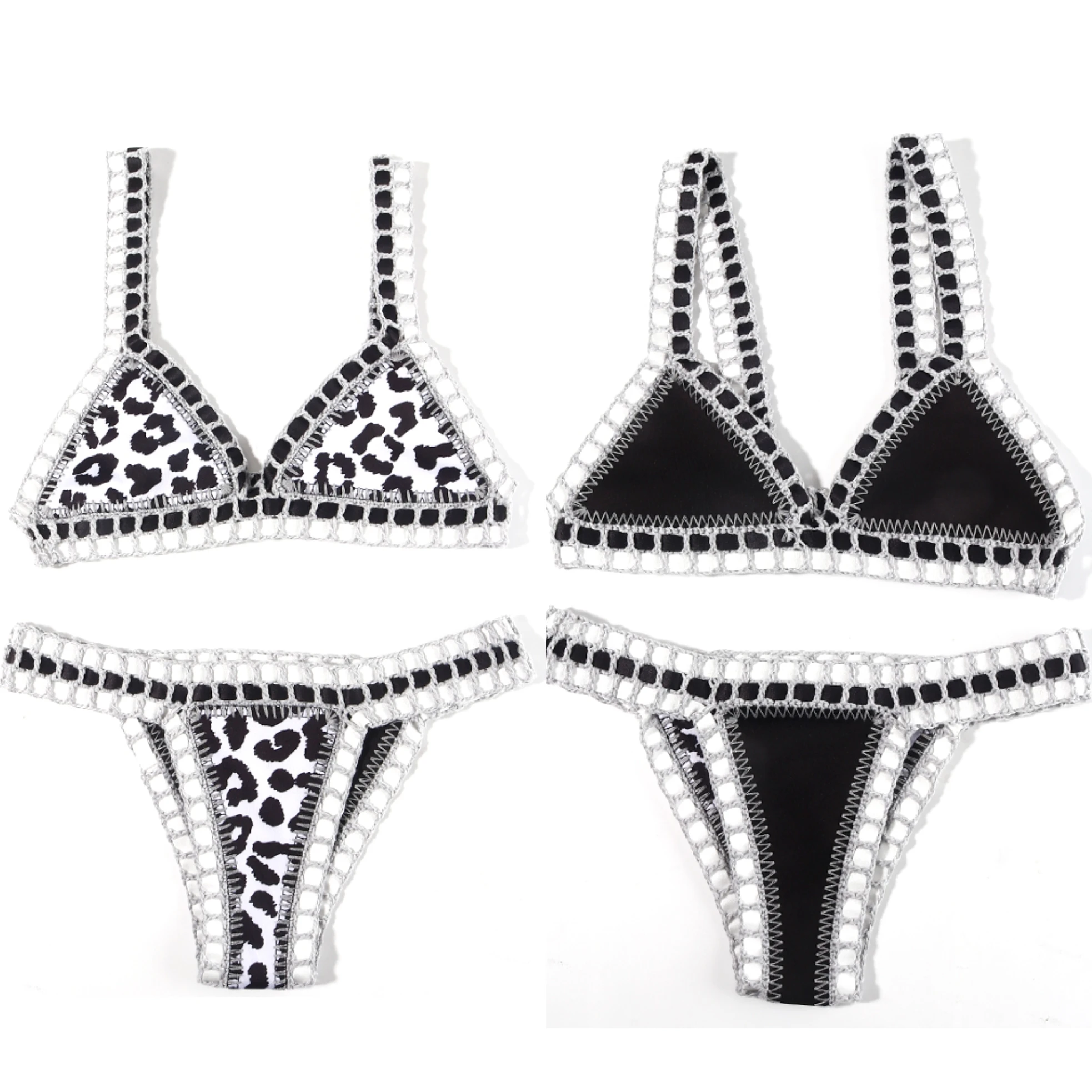 Reversible Leopard Handmade Crochet Bikinis Set Black Poolside Swimwear Blue Paisley Luxury Swimsuit maillot de bain femme