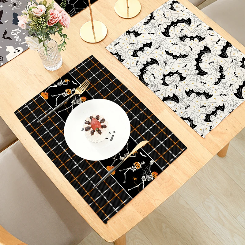 

Happy Halloween Spider Web Bat Dancing Pumpkin Skulls Ghost Decorative Placemats for Dining Table Kitchen Linen 32x42cm