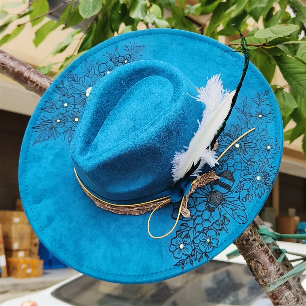 Burned Fedora Hat suede Men Women Bee Flowers Hat feather vintage wide brim hat Pyrography Top hats flat sombrero British hat