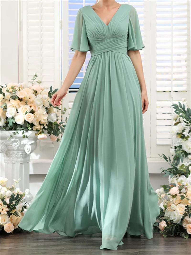 

Women V-Neck Half Sleeves Formal Prom Dresses With Split Side Long Chiffon Wedding Party Gown Elegant Bridesmaids Dress Bridal