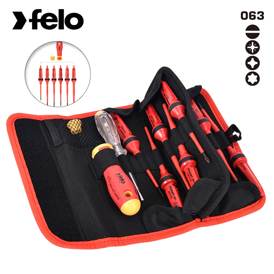 

Felo 12 Pieces Insulated Screwdriver Set 1000V Electrician Interchangeable Screwdriver with Belt Bag NO.06381204