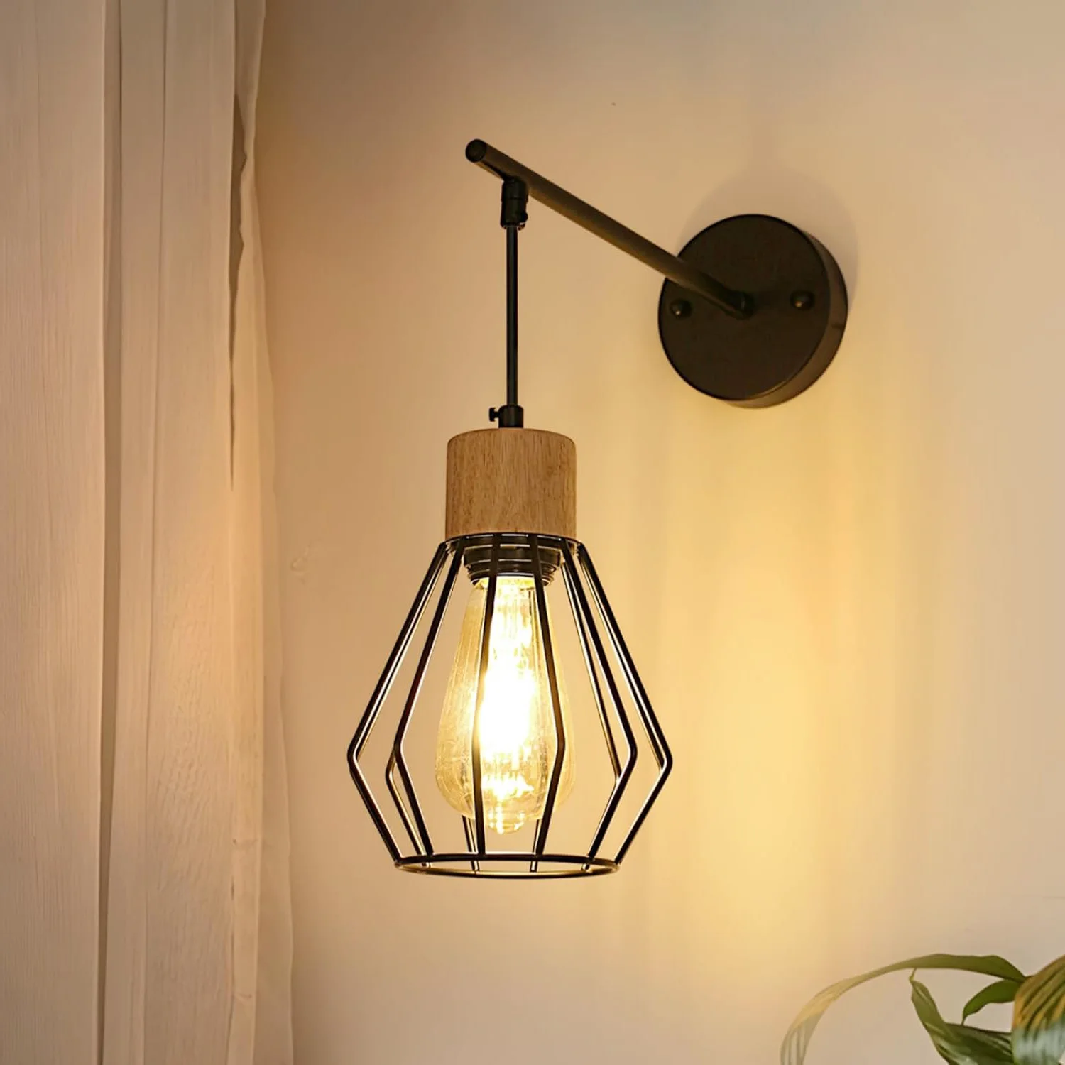 Indoor Vintage Wall Light, Black Industrial Wall Light, E27 No Bulb, Metal and Wood Wall Lighting for Living Room, Bedroom