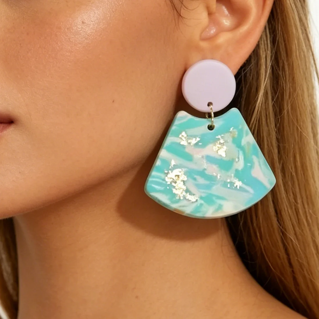 Artistic Lavender Rainbow Clay Earrings with Gold Foil Geometric Dangle