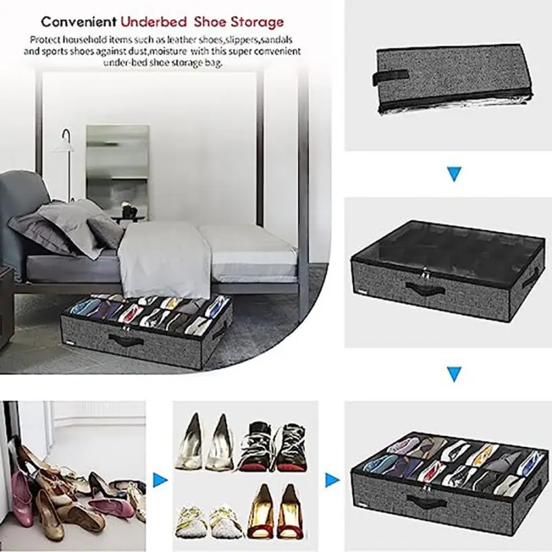 Under Bed Shoe Storage Organizer Adjustable Dividers, Reinforced Handle, Underbed Storage Solution with Clear Window, Breathable