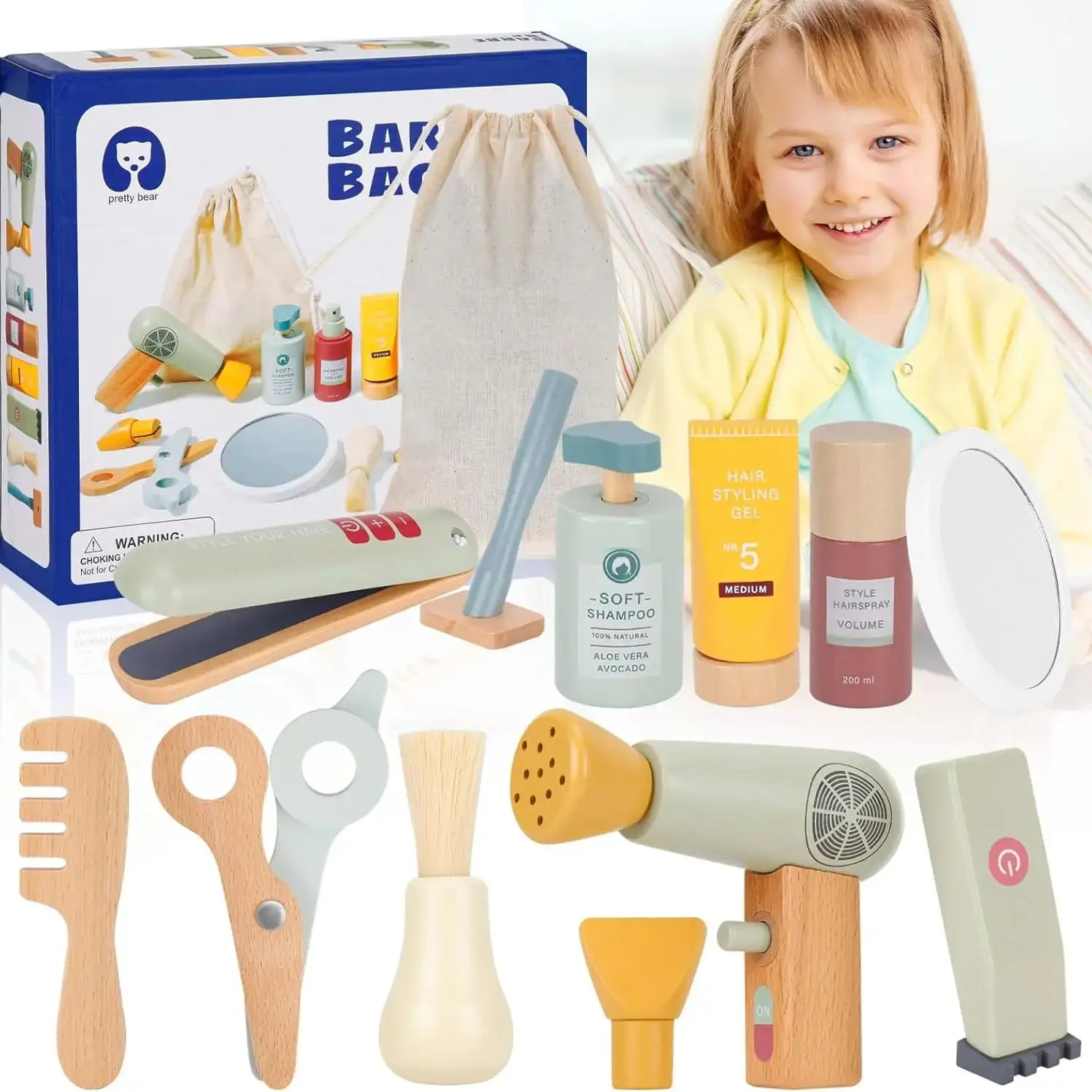 Toddlers Pretend Play Toy Montessori Makeup Toy Set Wooden Barber Playset Kids Hair Salon Playset Role-Play Game Girls Boys Gift makeup toy