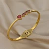 Elegant Pink Heart Rhinestone Stainless Steel Open Spring Bangle for Women Golden Waterproof Cuff Bracelet Festival Jewelry Gift 3