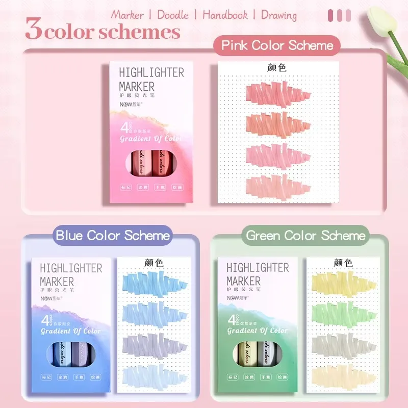4Pcs/set Pastel Gradient Highlighter Pen Marker Pens Drawing Highlighters Fluorescent Pen Cute Stationery School Supplies