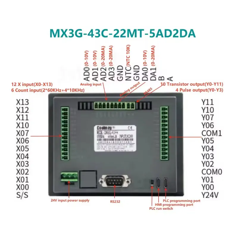 Coolmay 4.3" HMI PLC All In One MX3G-43C Series plc Controller Built-in Analog Input and Output 5AD2DA Support MODBUS RTU