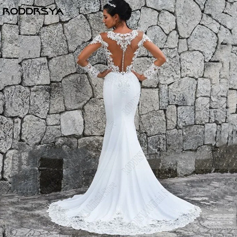 RODDRSYA Mermaid Wedding Dress Illusion Scoop Lace Back Buttons Vestidos De  Noiva Mariage Bridal Gown Bride Satin Applique Train - AliExpress 320