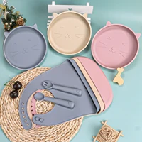 4PC/Set Baby Feeding Set Silicone Shallow Tray Baby Silicone Tableware Toddler Eating Utensil With Suction Cup Silicone Baby Bib 2
