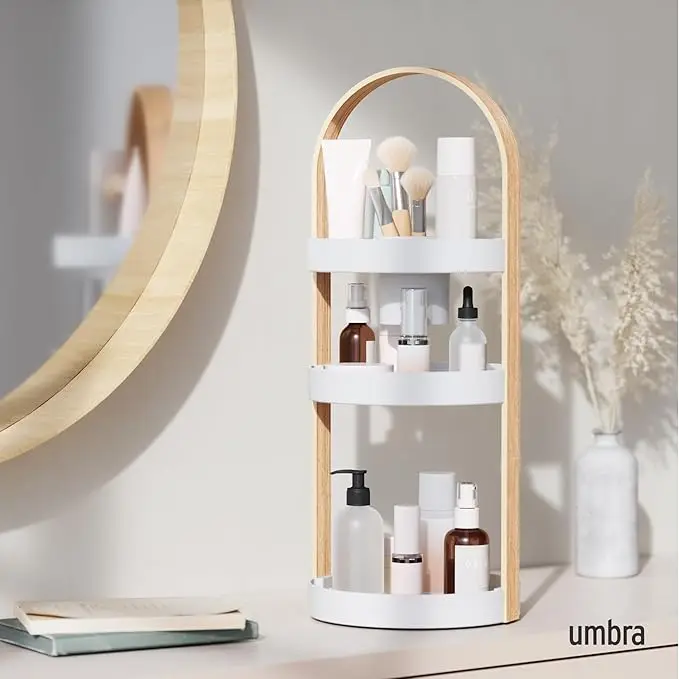 White/natural cosmetic organizer. Compact 50x19x19cm size. Sleek and functional for vanity storage. 2