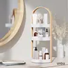 White/natural cosmetic organizer. Compact 50x19x19cm size. Sleek and functional for vanity storage. 2
