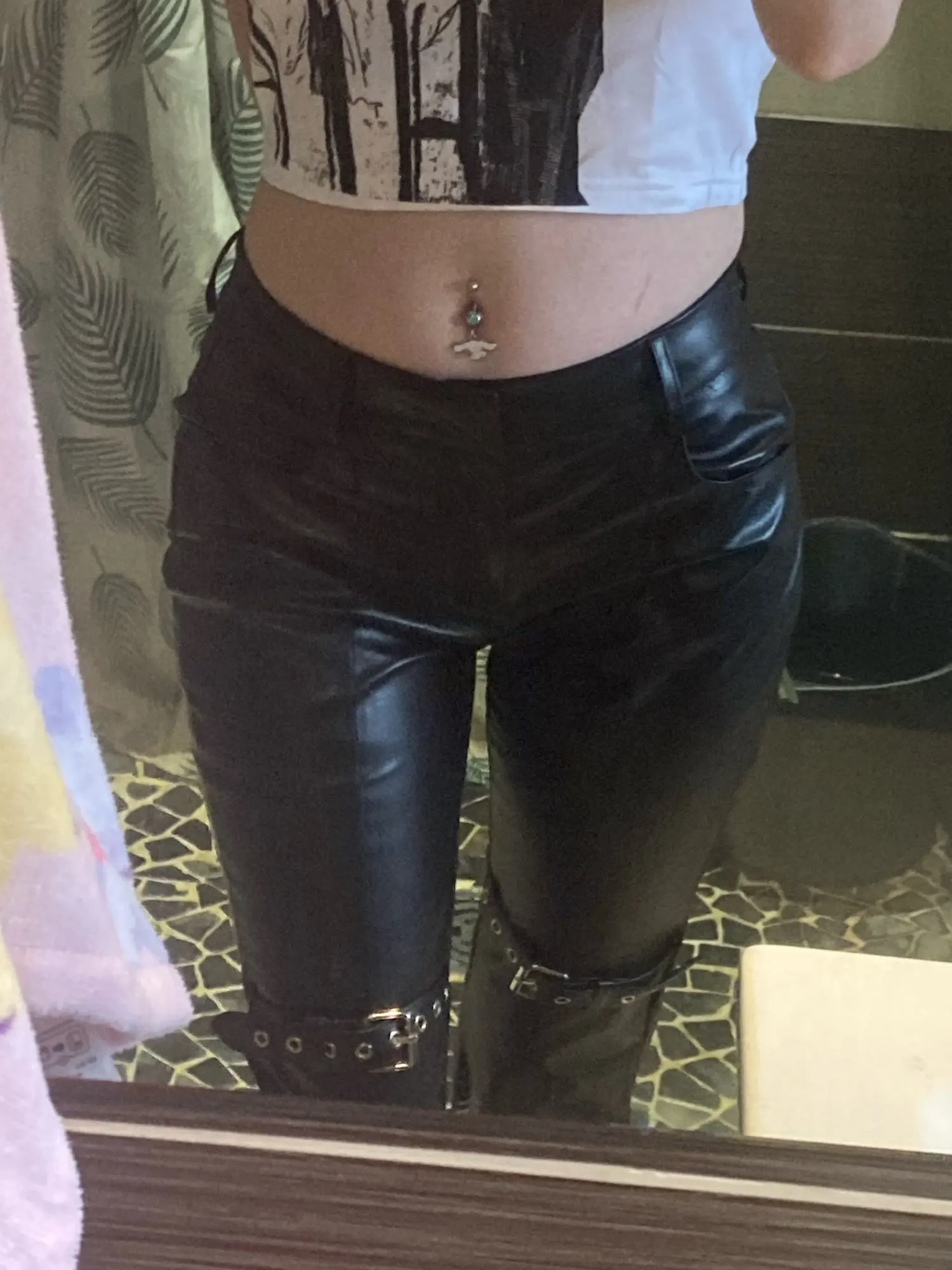 Gothic Leather Flare Pants, customer photo