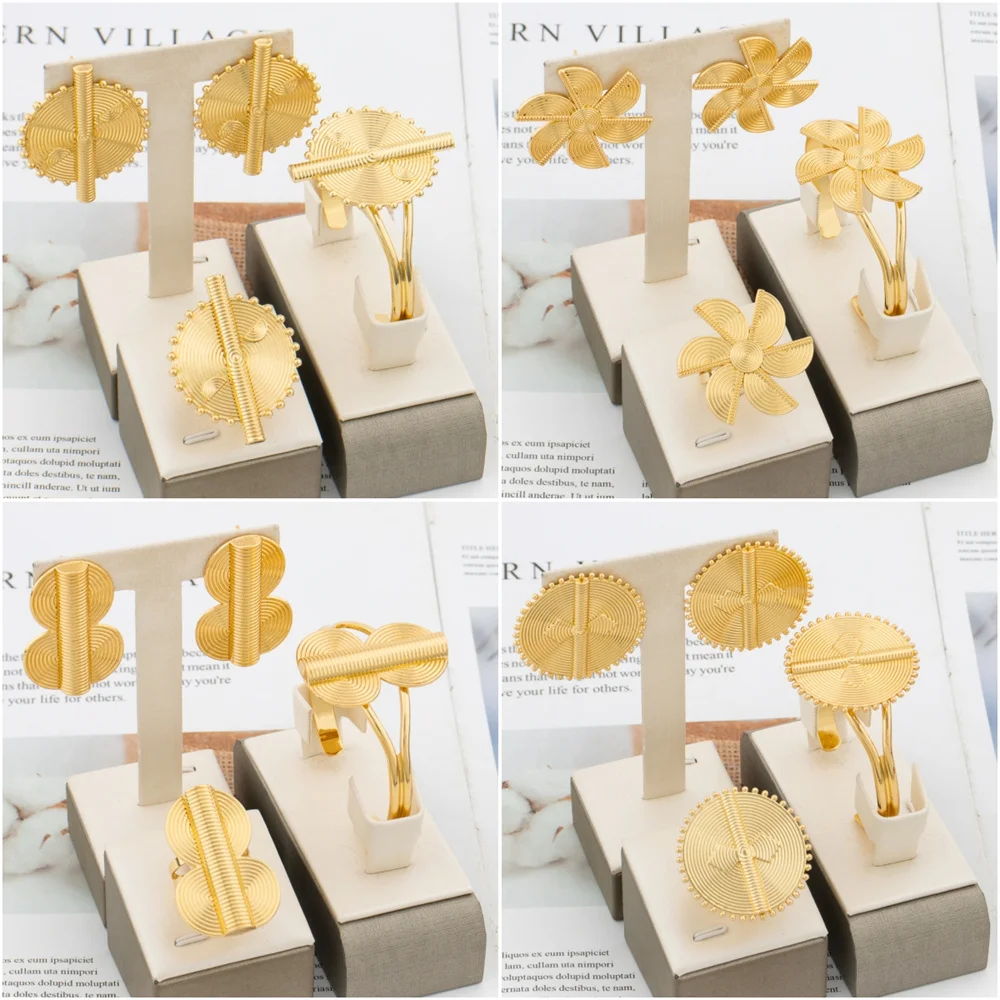 

4sets/lot Earrings with Bangle Ring Jewelry Set for Women Weddings Gold Plated Clip Earrings Hand Bracelet and Cocktail Ring Set