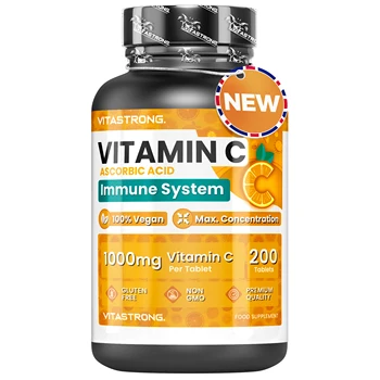 Vitastrong Vitamin C 1000mg Alta Dosi – 200 Compresse, 100% Vegano, Acido Ascorbico a Rilascio Lento per Supporto Immunitario, Salute della Pelle, Riduzione della Fatica e Formazione del Collagene