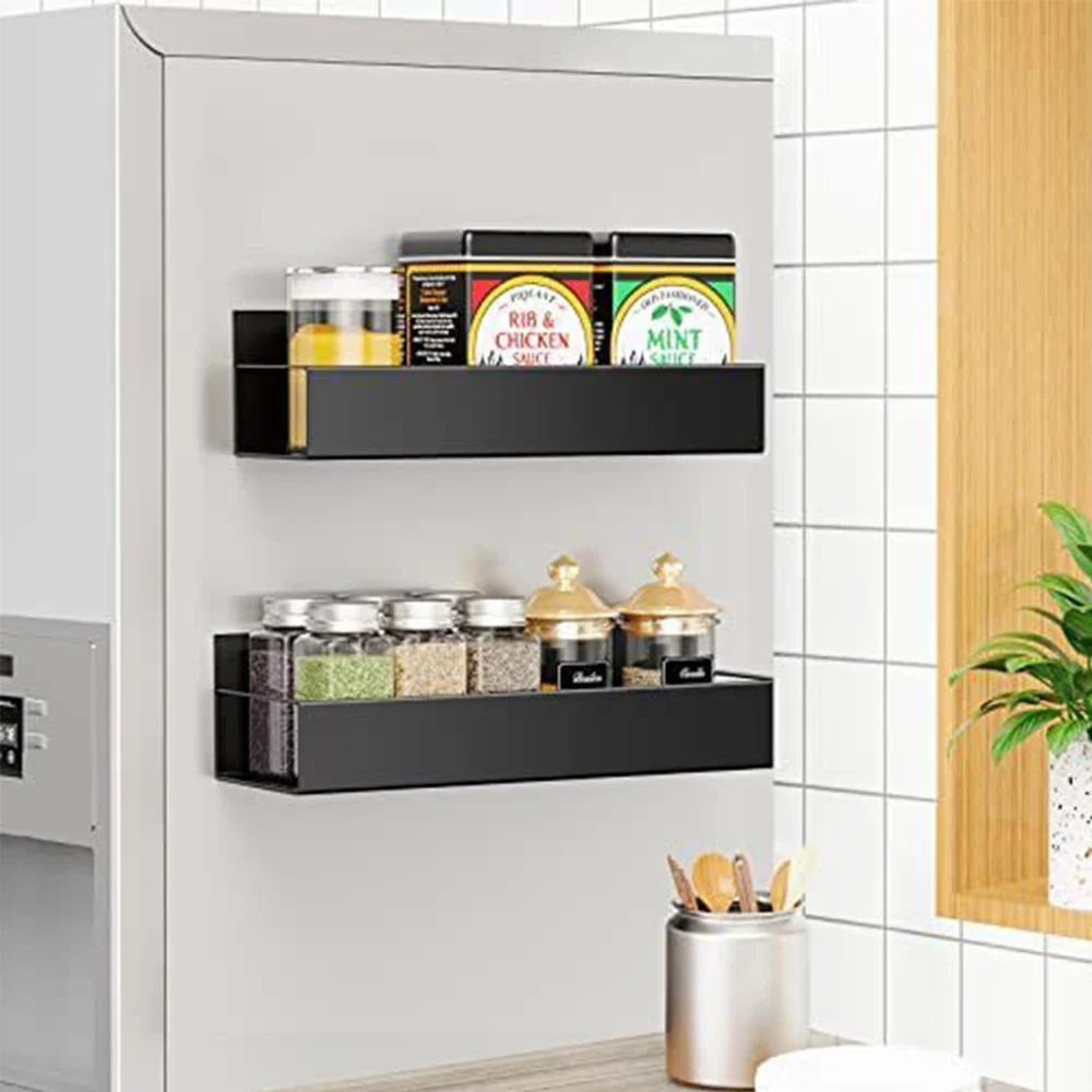 Magnetic Kitchen Storage Shelf Fridge Shelf Spice Organizer Rack Black Iron Space Saving for Cabinet on The Side of Refrigerator
