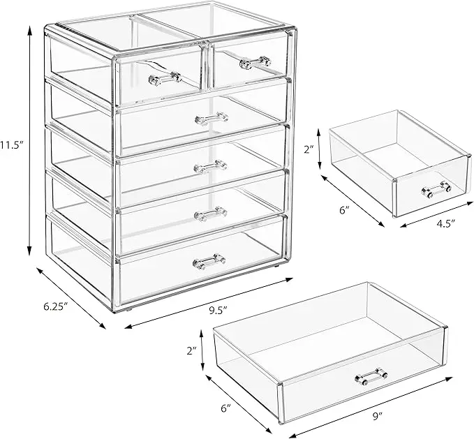 Acrylic Makeup Organizer, Storage Case for Cosmetics and Jewelry, 4 Large and 2 Small Drawers, Ideal for Vanity, Bathroom, Dorm, 2