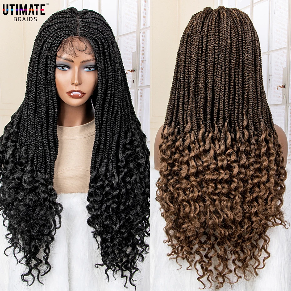 Curly Ends Box Braided Wigs Synthetic 4x4 Lace Frontal Heat Resistant