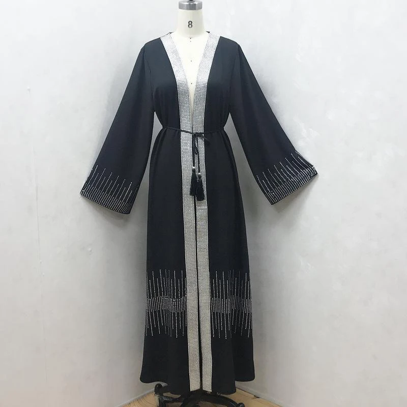 3 Piece Muslim Abaya Turkey Cardigan Rhinestones Cardigan Dress Black Middle East Arabian Robe Islamic Clothing for Women