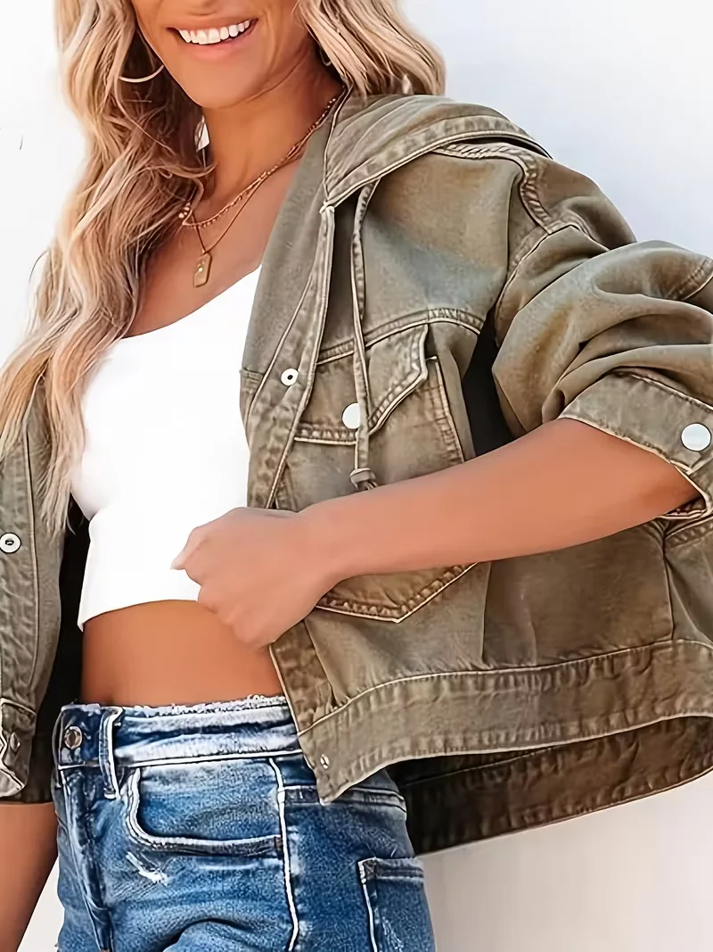 Women's Autumn/Winter Denim Hooded Jacket - Elegant Neckline, Long Sleeves, Single-Button Closure Jacket