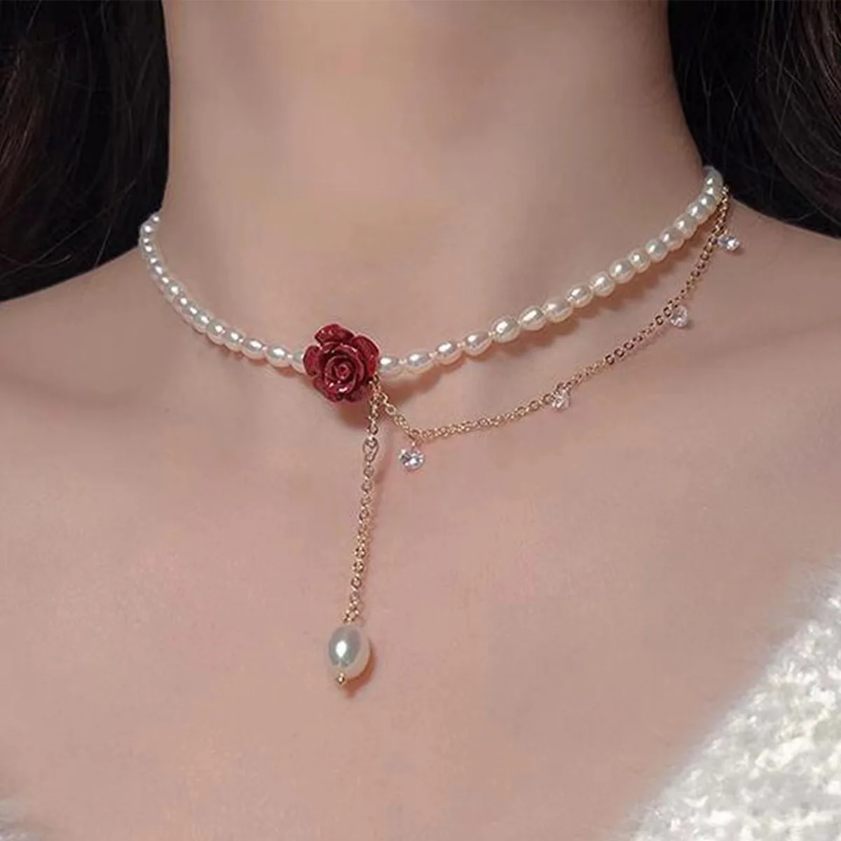 [leeENoir] 韓国☆Round Rose Pearl Necklace leeENoir] 韓国☆Round Rose Pearl Necklace Designer fashion