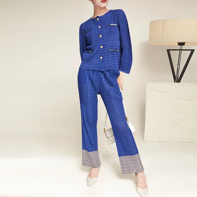 

Pleated Women Set Fashion Casual Spring/autumn Women Suit Temperament Elegant Classic Top Wide-leg Pants Two-piece Set