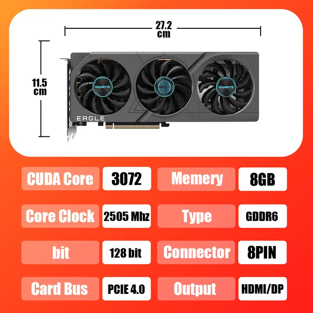 Placa de Vídeo Gigabyte NVIDIA GeForce RTX 4060 EAGLE OC, 8GB, GDDR6, DLSS,  Ray Tracing, GV