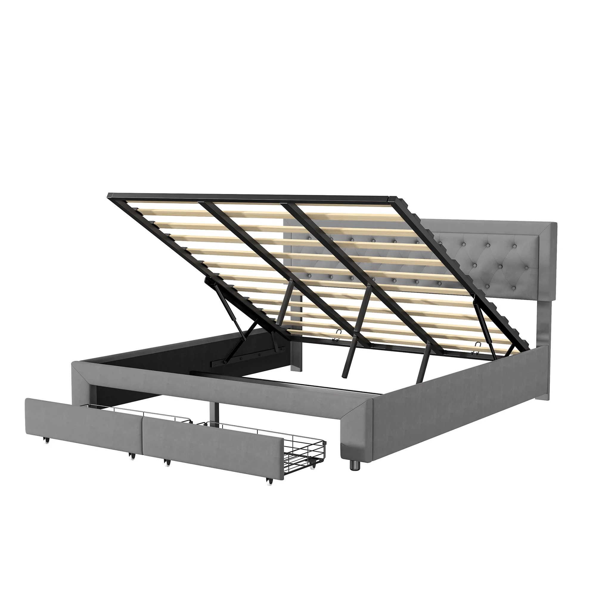 Rosahqnda Bett mit Stauraum, 160–180 x 200 cm, mit Schubladen gepolstert, Doppelbett, hydraulisches Bett, Jugendbett, Wohnungsbett, Samt, Beige/Grau – Detail 15