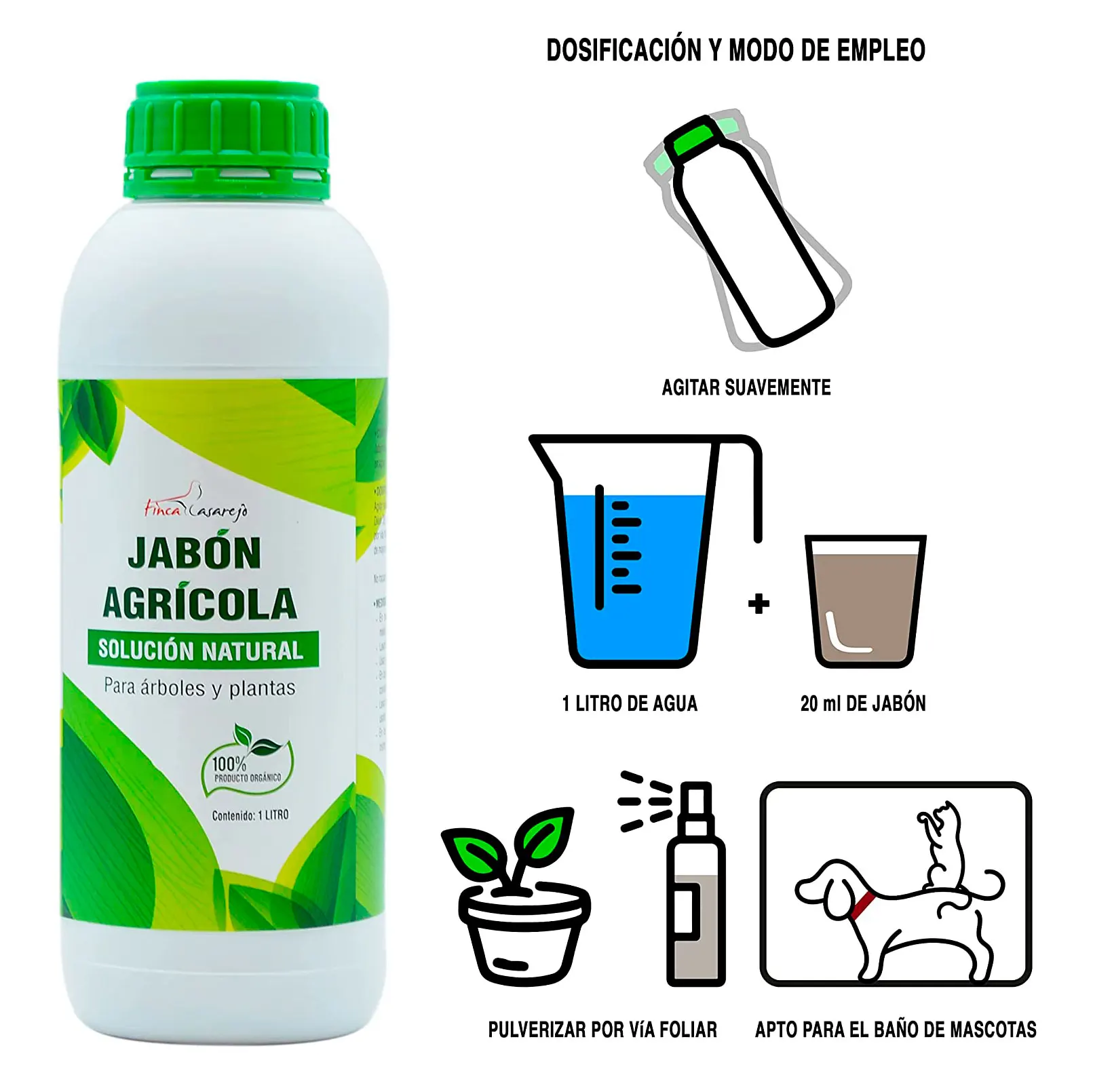 FINCA CASAREJO Jabón agrícola (potásico) de 1 litro - Solución Natural contra los Hongos en Plantas - Limpiador orgánico para árboles y Plantas