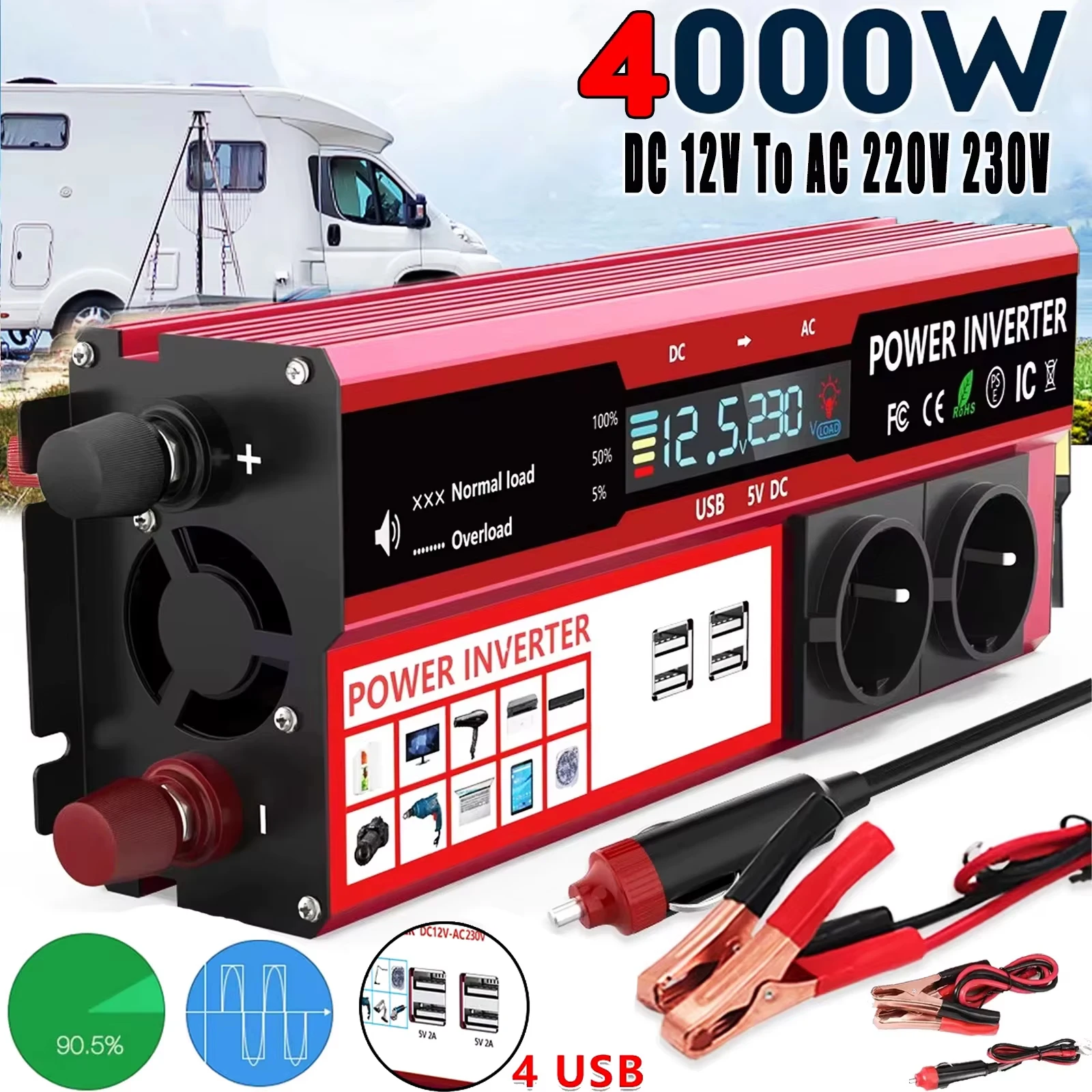 Onduleur de puissance 4000W 3000W, transformateur DC 12V à AC 220V 230V avec 4 prises USB EU, Charge avec affichage LED pour voyages et Camping