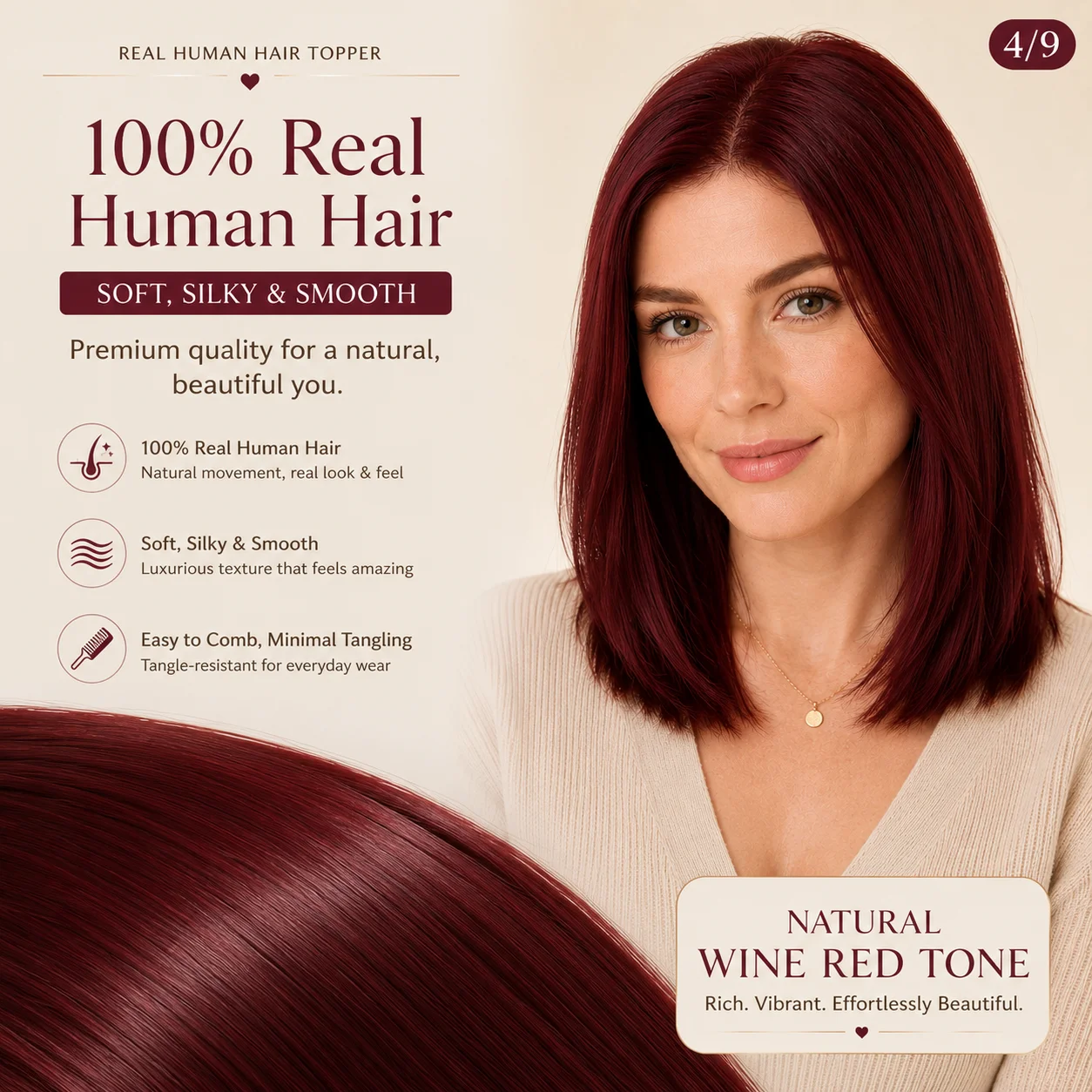 TUW22 Topper per capelli rosso ciliegia in PU, per donne con capelli diradati, pezzo di capelli umani per persone con perdita di capelli, topper in capelli umani - immagine 4
