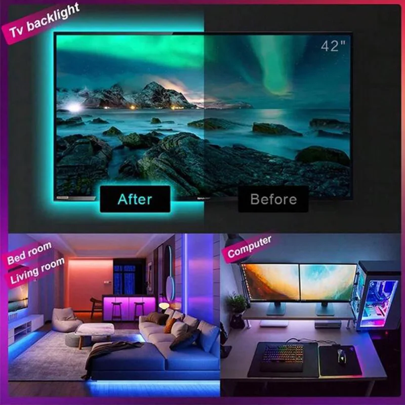 1-30M Led Strip Lights Bluetooth APP Control RGB LED Lights for TV USB 5V WIFI Led Tape for TV Backlight Room Party Decoration 2