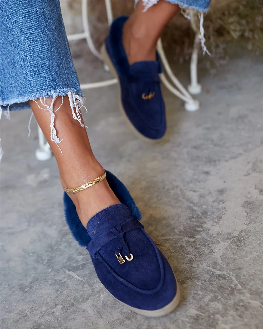 

Fast Inner Exterior Genuine Leather Suede & Shearling Flat Sole Women's Shoes Poshnmore Navy Blue Tan Beige Loafer Gold Detailed