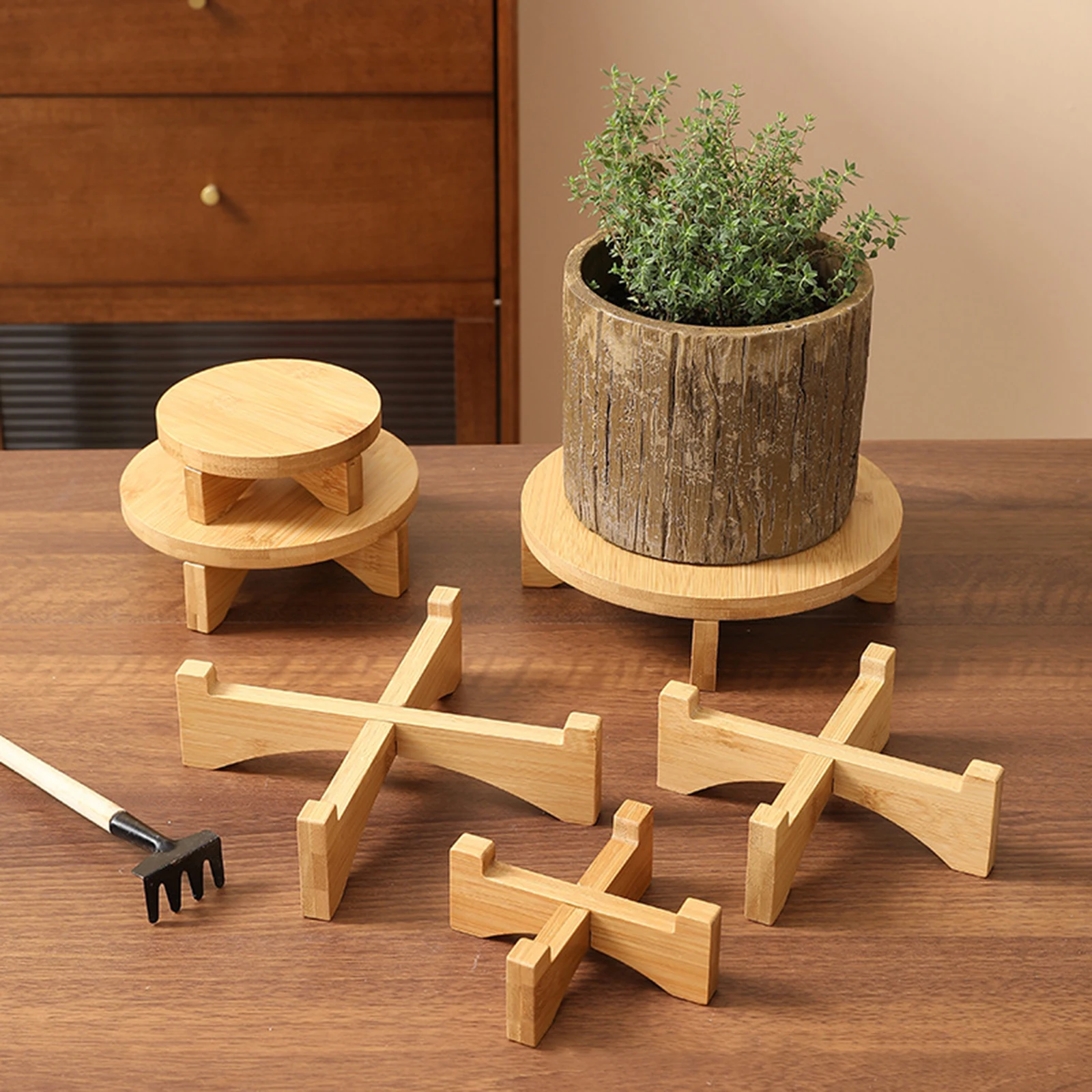 Wooden Planter Stand Sturdy Round Multifunctional Accessories Modern Flower Pot Rack for Office Home Farmhouse Bathroom Indoor