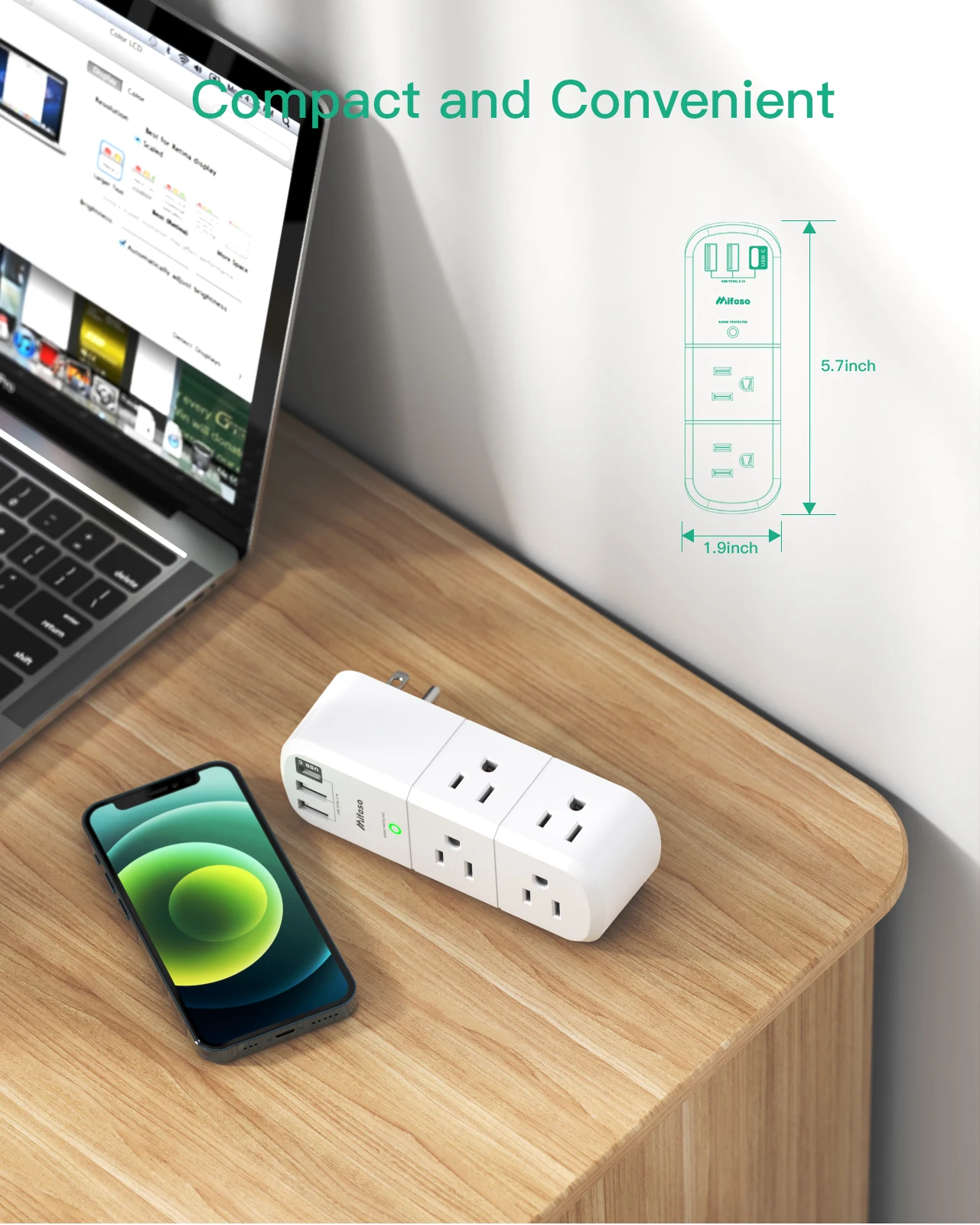 2 Pack USB Outlet Extender Surge Protector-with Rotating Plug, 6 AC Multi Plug and 3 USB Ports (1 C), 1800 Joules