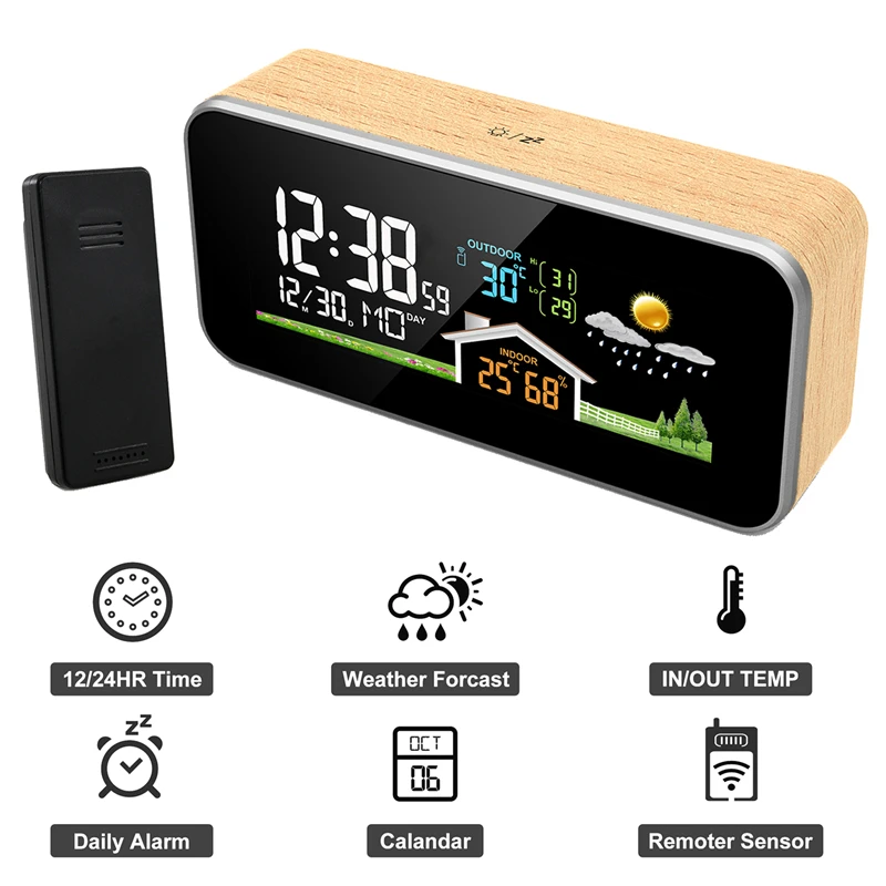 Wooden Weather Station Alarm Clock LED Digital Thermometer Hygrometer Wireless Indoor Outdoor