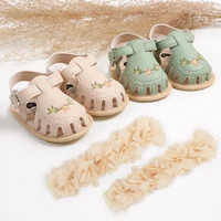 2pcs Baby Girls With Flower Decor Soft Sole Anti Slip First Walker Shoes Prewalker Shoes Summer & Headband For Newborn Infant 1
