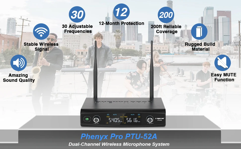 Phenyx Pro UHF Professional Dual Wireless Microphone Set Stage Performance Karaoke Home System Dynamic 230ft/70m 30 Frequencies