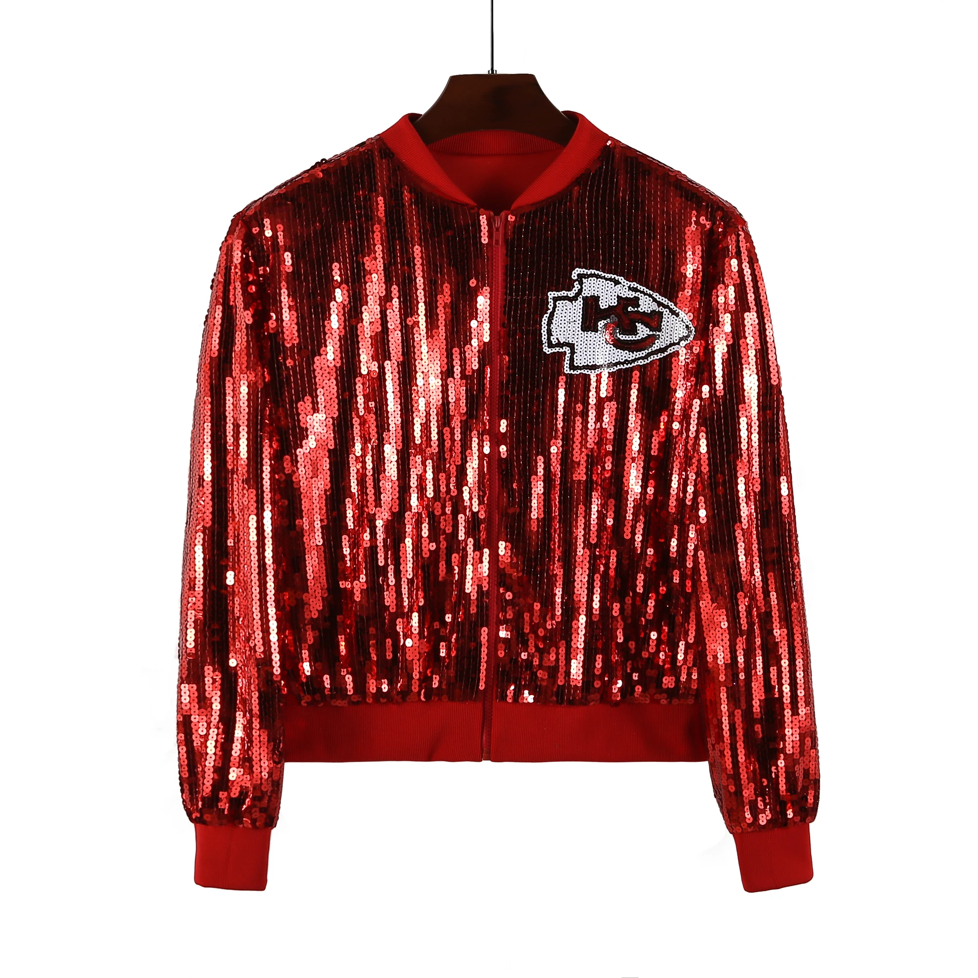 

Kansas Red Crop Sequin Bomber Jackets For Women
