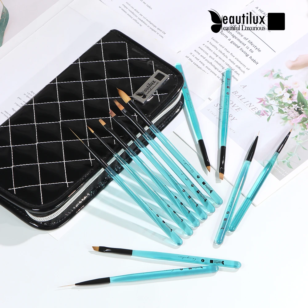 

Beautilux Blue Crystal Nail Brush Luxury Set Nail Art Painting Liner Acrylic Sculpture French Nails Design Professional Brush