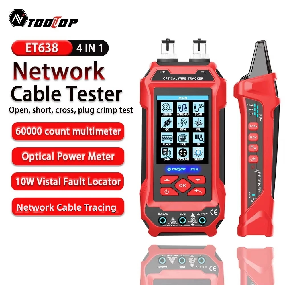 TOOLTOP ET 638 Ethernet Cable Tester Multimeter Optical Power Meter Red Laser Noise-free Cable Tracing POE Voltage QC Crimp Test