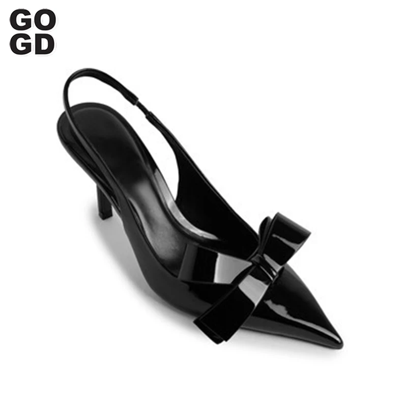 

GOGD Brand Fashion Women's High Heels Luxury Patent Pu Butterfly-knot Slingback Shallow Party Sandals Thin Heels Spring Shoes