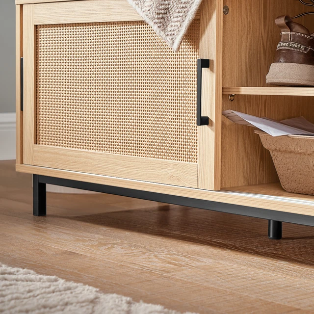 Shoe bench with seat plank with sliding doors Shoe bench with seat plank with sliding doors