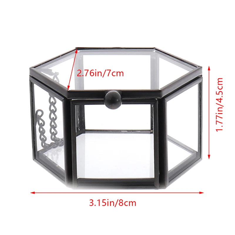 1PC 8*7*4.5cm Tranpartent Geometrical Glass Jewelry Box Hinged Top Lid  with Metal Chain Jewelry Organize Holder Ring Box 6