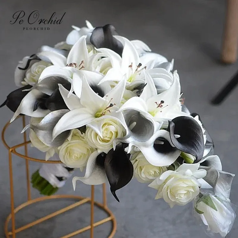 PEORCHID Gothic Black White Waterfall Wedding Bouquets Silver Artifical Calla Lily Rose Black Bridesmaids Flowers Bridal Bouquet