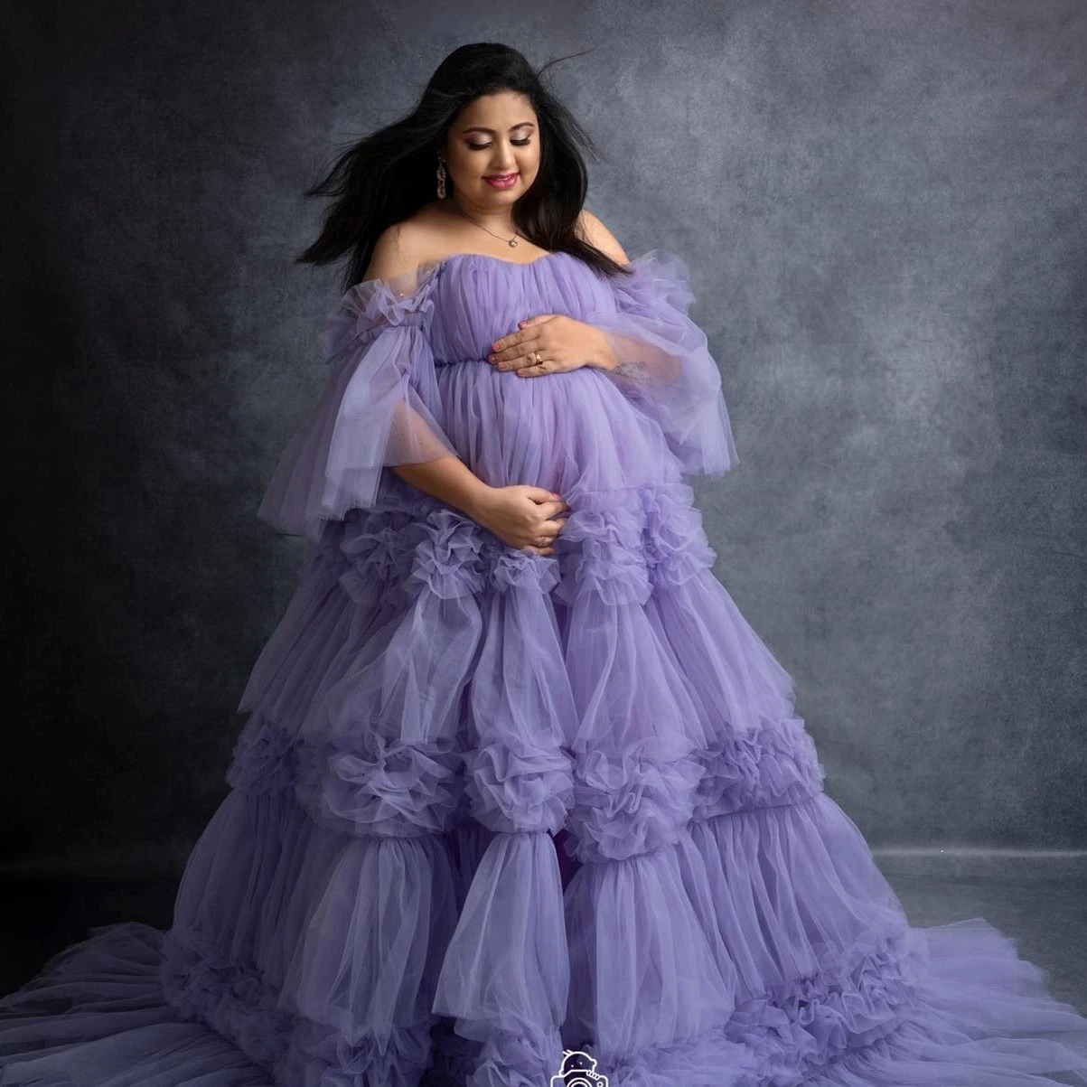 Puffy Tulle A Line Maternity Dress Off The Shoulder Ruffles Mesh Long
