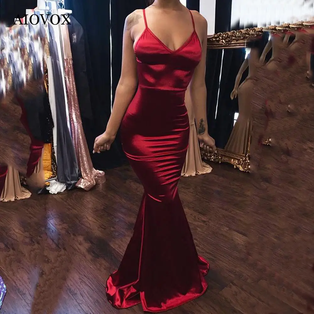 

AIOVOX Mermaid Prom Dress 2024 Simple Summer Spaghetti Strap V-Neck Trumpet Evening Gown Floor Length With Train Robes De Soirée